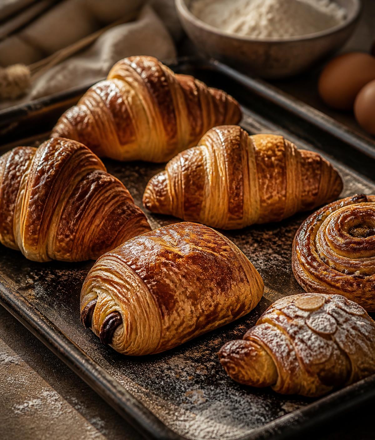Freshly baked croissants and pastries on a baking tray