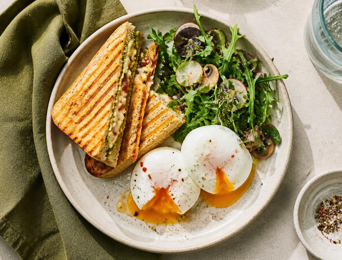 Brunch plate with grilled panini, poached eggs and fresh greens