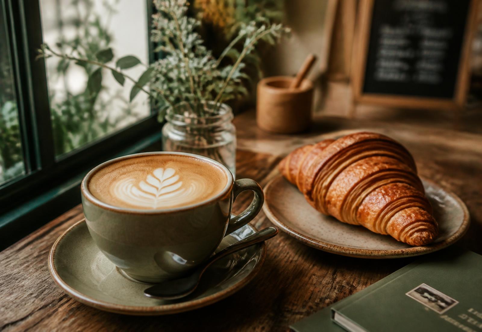 Latte with leaf art beside a golden croissant on a wooden café table