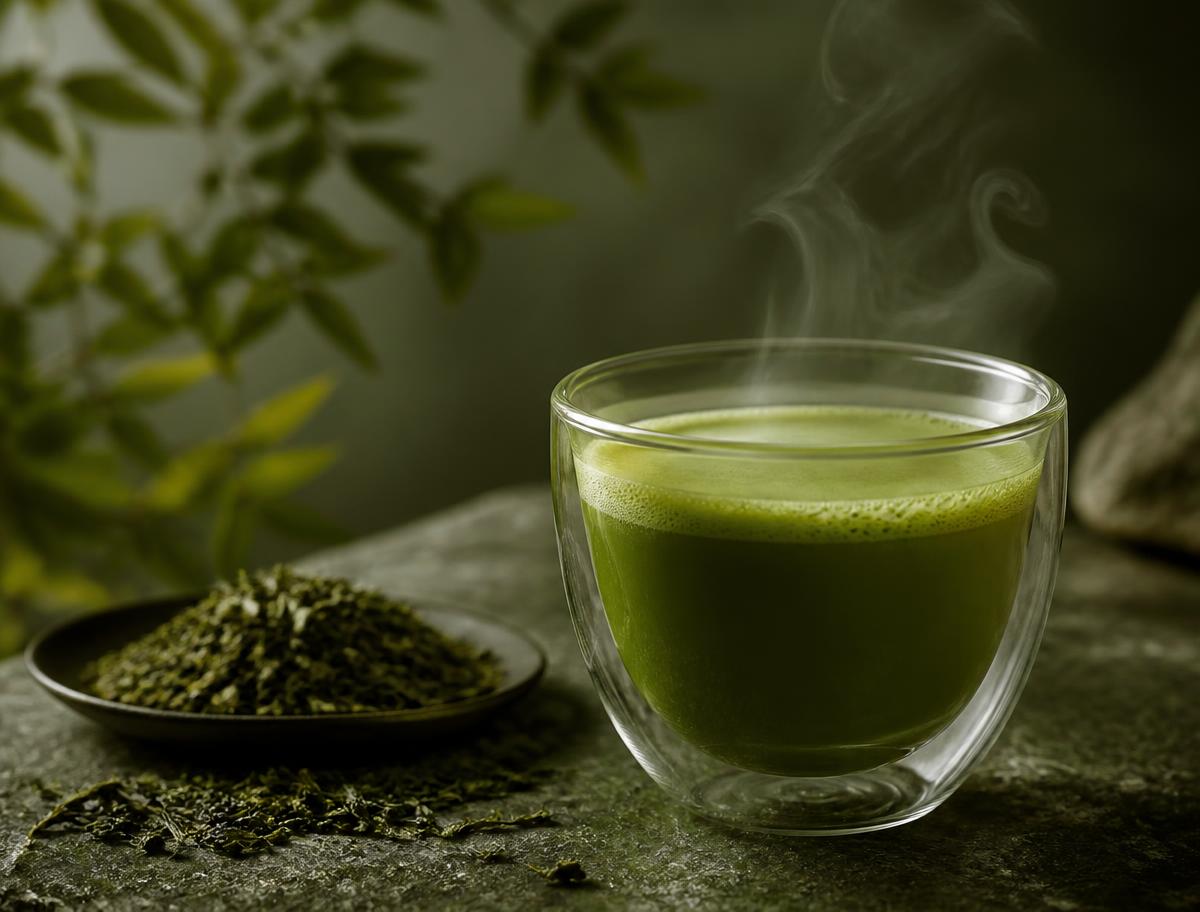 Glass cup of steaming green matcha tea beside loose tea leaves